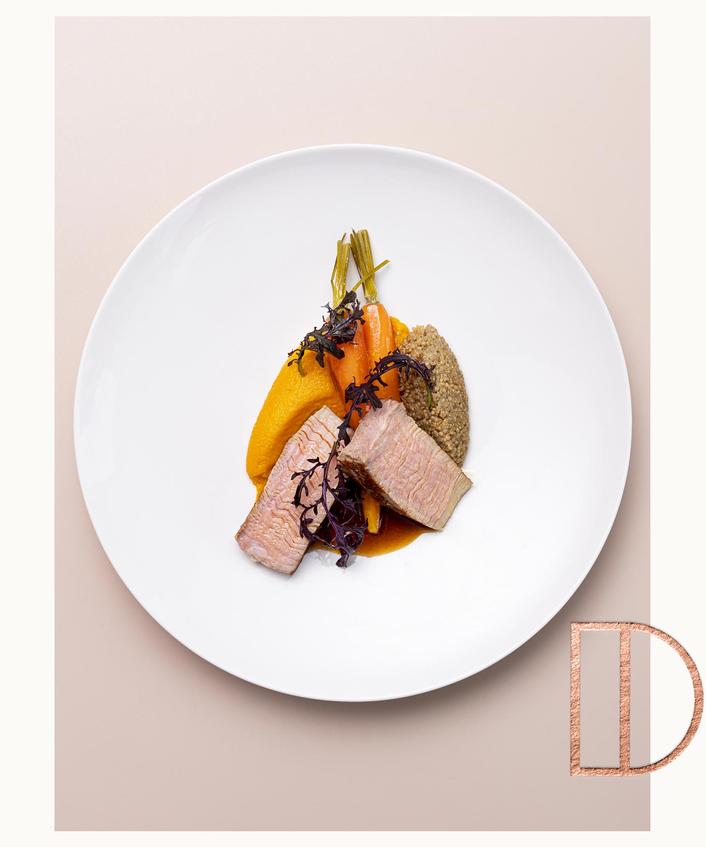 Madame Brasserie dinner dish loin of Cantal pork, carrot and quinoa